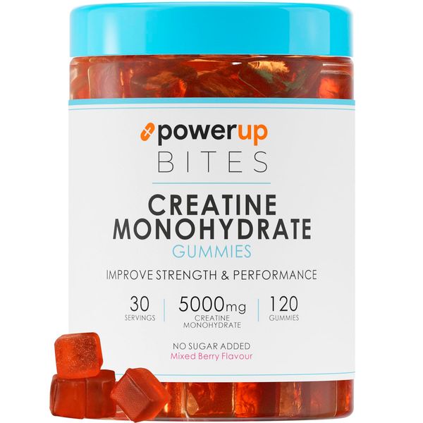 PowerUp Bites Creatine Monohydrate Gummies for Men & Women, 100% Creatine Mixed Berry Gummies, 5g per Serving + Vegan, Sugar Free + Strength, Energy, Muscle & Booty Gain - 120 Count