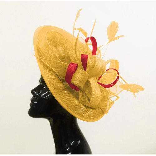 Caprilite Gold Mustard and Burgundy Sinamay Big Disc Saucer Fascinator Hat for Women Weddings Headband