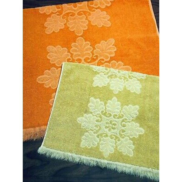 Vintage Bath Hand Towel Set 60s 70s Cannon Solid Retro Floral Fringe Gold Orange