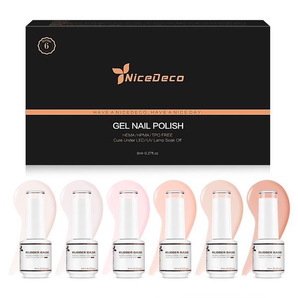 Nicedeco 4 In 1 Rubber Base Gel Set For Nails, Hema Free Nude Rose Pink Sheer Color Gel Nail Polish UV LED Soak Off, Elastic Rubber Nail Strengthen Enhance Base Coat 6pcs x 8ml-Kit35