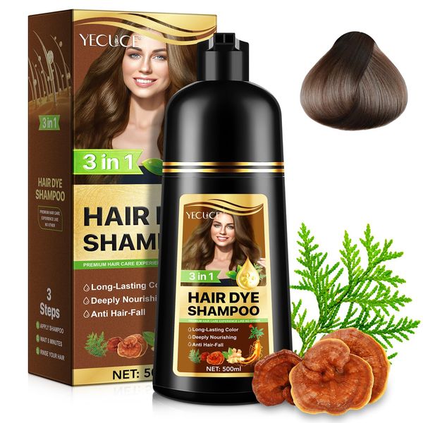 Haarfarbe Dunkelbraun Hair Dye Shampoo 3 In 1 Haarfärbeshampoo Farbshampoo Braun Graue Haare Hair Dye Shampoo Gegen Graue Haare Haarfarbe Männer und Frauen Anti Grau Effekt Haare Färben 500ml