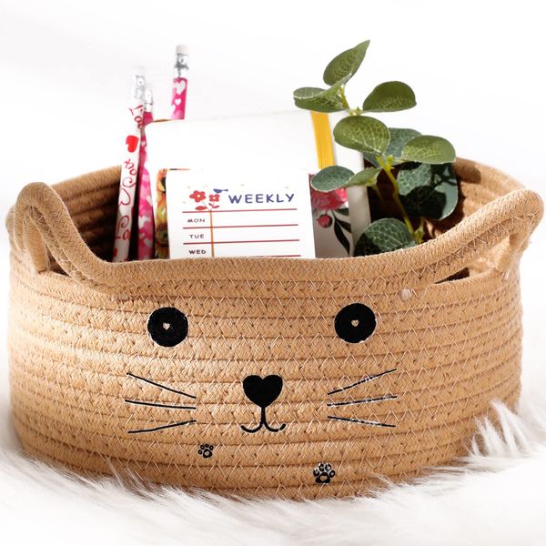 Zopeal Cat Basket Storage Woven Basket Organizer with Ears Decorative Pet Toy Cute Basket Cotton Rope Basket for Gift Cat Dog Toy Bin Nursery Room Kid (Khaki,8.3 x 4.7 Inch)