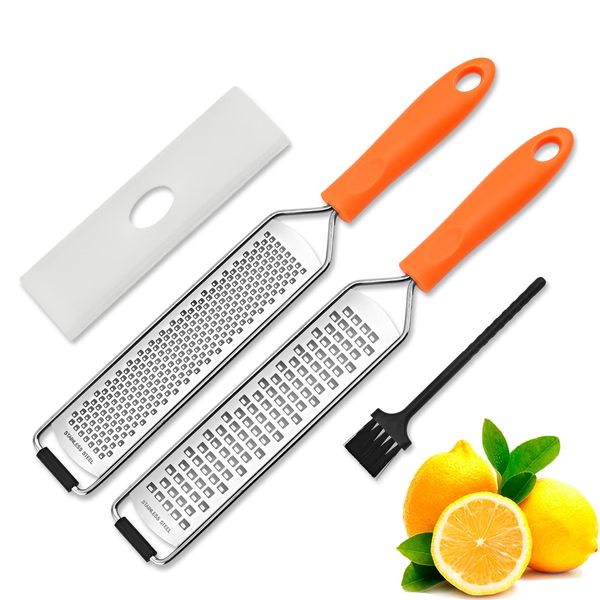 Cheese Grater Lemon Zester Set of 2, ISZW Zester Grater with Handle, Stainless Steel Grater Citrus Zester Tool for Ginger Garlic Nutmeg Coconut Chocolate Parmesan, Cheese Grater with Protective Cover