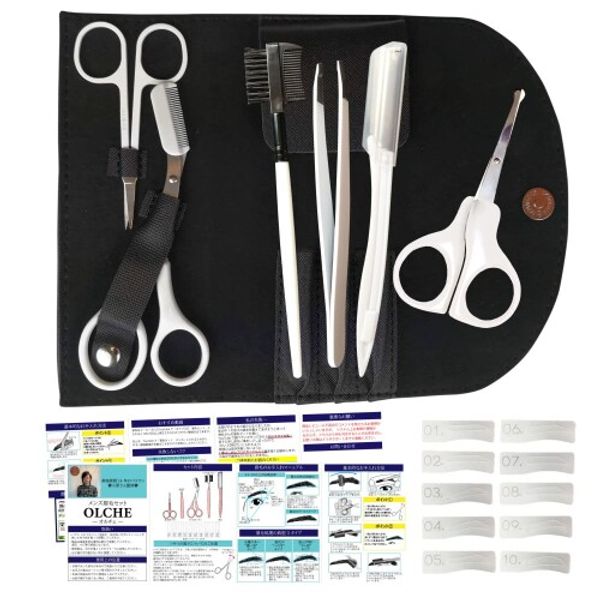 OLCHE Beginner&#39;s Eyebrow, Nose Hair, Cutting, Scissors, Grooming Set, 19 Pieces, Men&#39;s Eyebrow Cutter, Face, Shaving, Template (10 Types), Comb, Scissors, Eyebrow