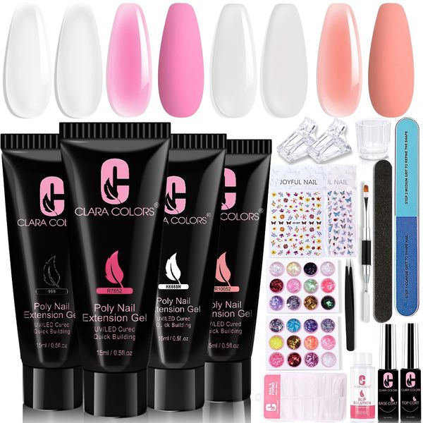 Clara Colors Poly Gel Nagel Set, 4 Farben klar weiß geleefarben nackt rosa Builder Poly Verlängerungsgel Nagel Set mit Soak Off UV/LED Nagellack für Frauen Home DIY Nail Art Salon Maniküre Geschenke