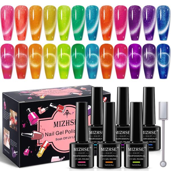 MIZHSE Neon Cat Eye Gel Nail Polish Set 12Pcs, Cateye Blue Green Purple Soak Off Gel Polish Magnetic Manicure Kit for Nail Art Salon 7ml Mother's Day Gift