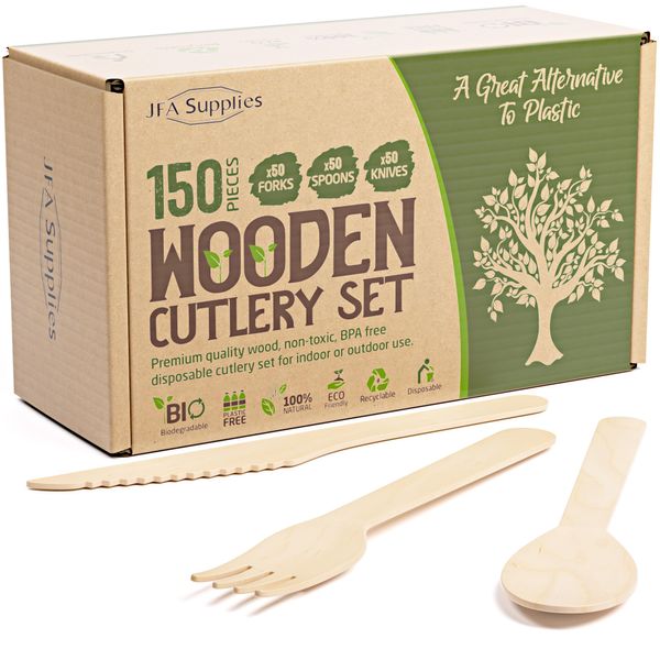 150PCS Disposable Wooden Cutlery Set, 50x Forks, 50x Knives, 50x Spoons, Biodegradable, Party, Parties, Picnics