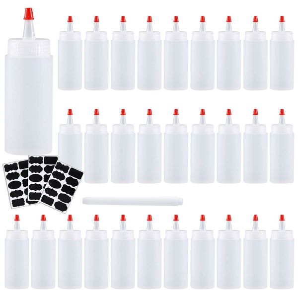 Squeeze Bottle, Shekure 30Pcs 4 Oz Premium Food Grade Plastic Bottles with Squeeze Top Caps Include 2 Labels and 1 Pen for Icing Cookie Decorating Sauces Condiments Arts Crafts BPA Free