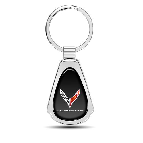 iPick Image for Chevrolet Corvette C8 Black Dome Chrome Metal Teardrop Key Chain