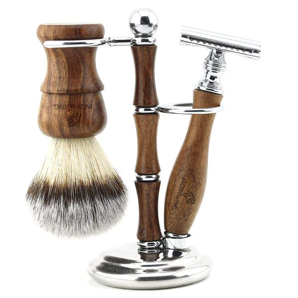 Jag Shaving Rasierset - Nachhaltige 3-teiliges Rasierset aus Holz - Synthetikhaar Rasierpinsel - doppelkante Rasierklingen Rasierhobel - Rasierhobel Damen – und Herren – Rasierständer