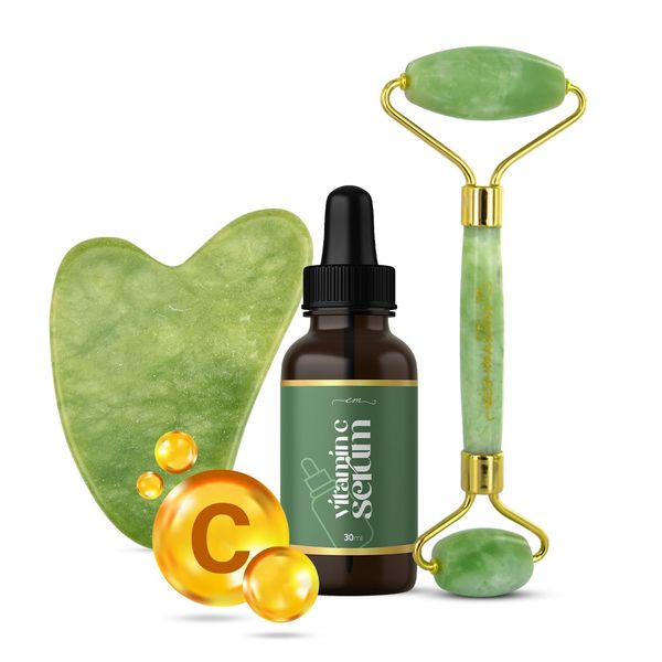 Jade Roller and Gua Sha Set with Vitamin C Serum - 100% Natural & Authentic - Body & Face Massager Roller for Eye Puffiness, Skin Tightening & Fine Lines - Skincare Tools for Women & Men