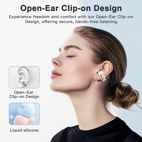 ZIHNIC Clip on Earbuds Open Ear Wireless Bluetooth 5.4 Headphones with Mic,Noise Cancelling,Waterproof, Smart LED Touch Screen,Comfortable Glasses Wearers,Workouts -Beige