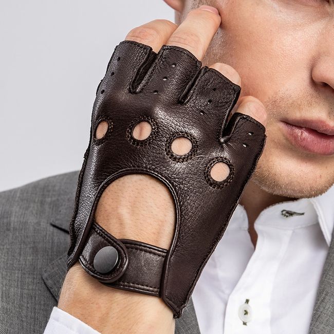 Men's Half Finger Genuine Leather Gloves Driving 