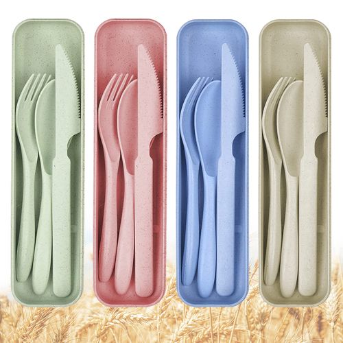 QINGHEC 4 Pack Travel Cutlery Set with Case, Plastic Cutlery Set Reusable Plastic Forks Spoon Tableware, Portable Camping Cutlery Set for Travel Picnic Camping, Beige Green Pink Blue