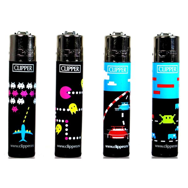 Four Clipper Refillable Butane Lighters, Classic Video Game Design (4)