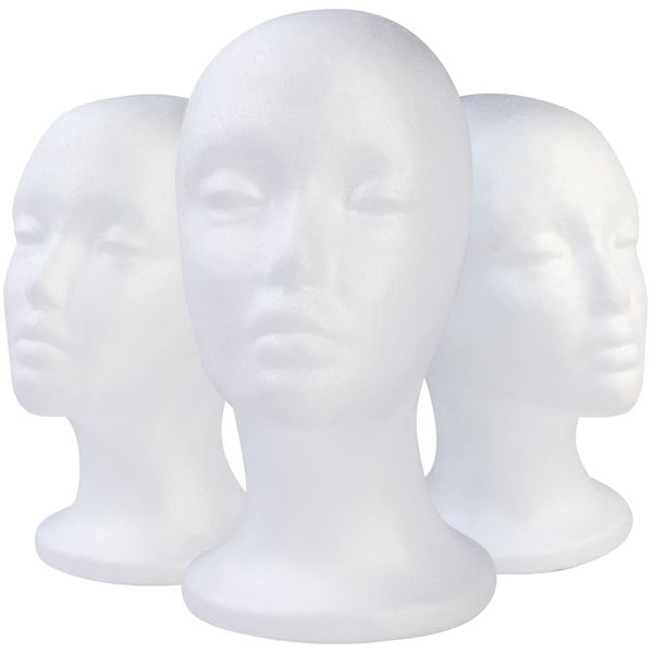 E ELAINFIA 3 Pack White Foam Display Mannequin Head - Portable Wig Display Stand Fashion Foam Mannequin Wig Stand Stable Round Base Suitable for Salon,display Hair, Hats and Hairpieces