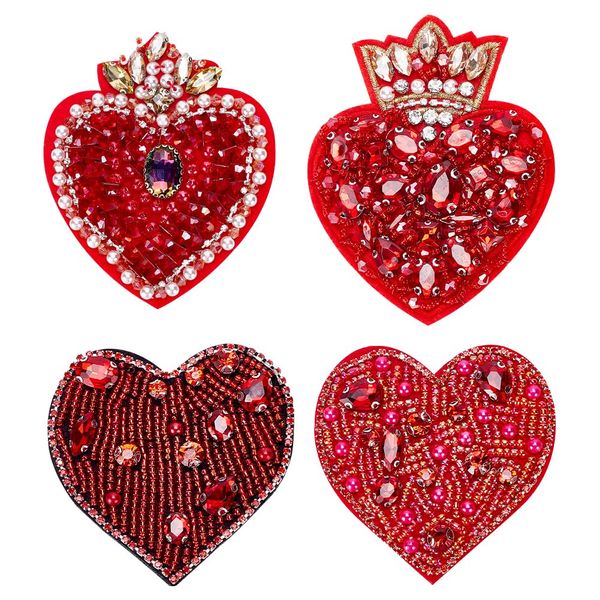 INFUNLY 4pcs Heart Beaded Patch Rhinestone Beaded Heart Patch Sew on Handmade Heart Patches for Clothing Love Heart Crown Applique Heart Crystal Embroidery Patch for Jeans Handbag Shoes DIY Decor