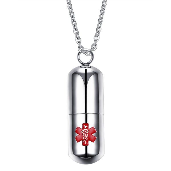 Stainless Steel Pill Shape Keepsake Holder Medical Alert ID Pendant Necklace 20"