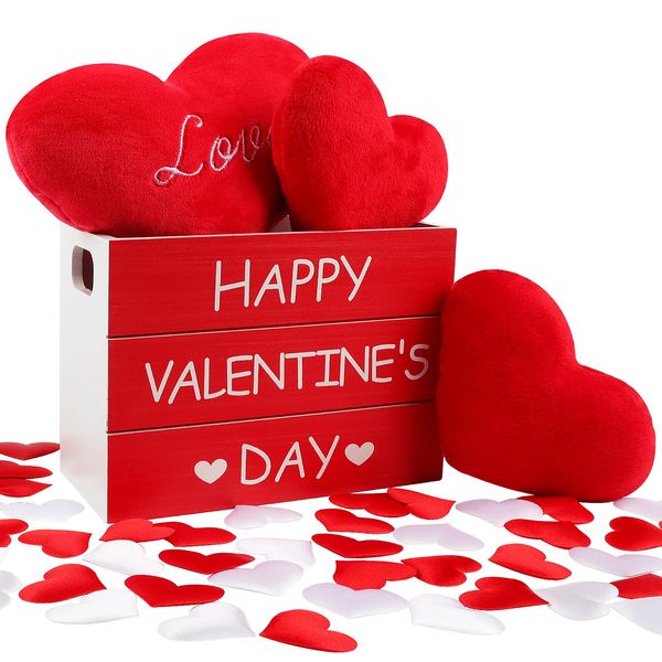 Wlicon Valentine's Day Mini Crate, Fabric Heart Pillows, Table Centrepiece