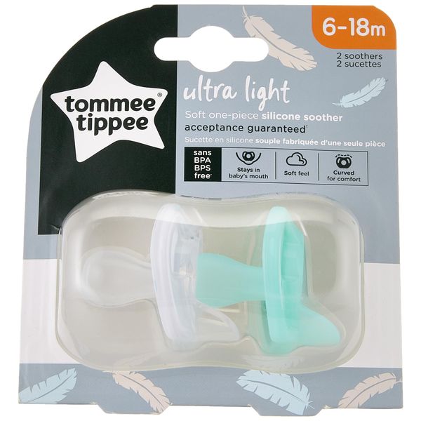 Tommee Tippee Ultra-Light Silicone Soother, Symmetrical Orthodontic Design, BPA-Free, One-Piece Design, 6-18m, Pack of 2 Dummies