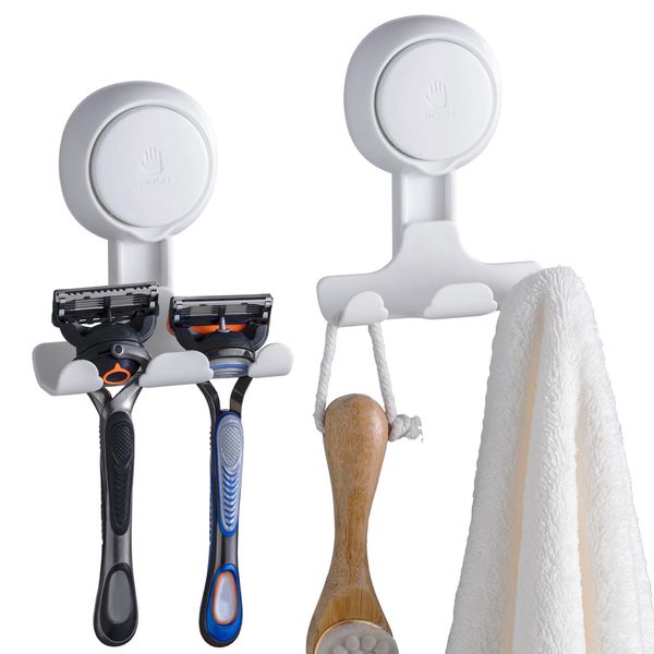 TAILI Suction Cup Razor Holder in Shower 2 Pack, Towel, Loofah, Shaver Holder for Bathroom Wall, Powerful Suction Cup Shower Hooks, Easy to Install and Reuse, White