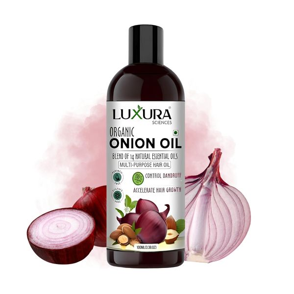 Luxura Sciences Organic Onion Hair Growth Oil | with 14 Essential Oils for Dandruff & Hair Loss Control | Nourishes Scalp & Gives Longer, Thicker Hair | 3.38 Fl Oz/100ml