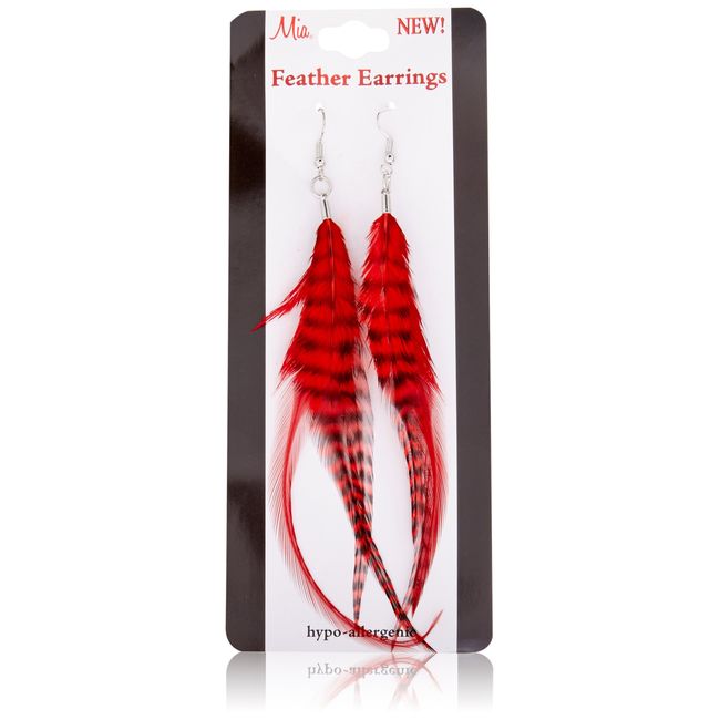 Mia Feather Earrings-Red Color-3 Natural Feathers Per Earring-Each Feather Measures Approximately 5" Long-For Pierced Ears (1 set)