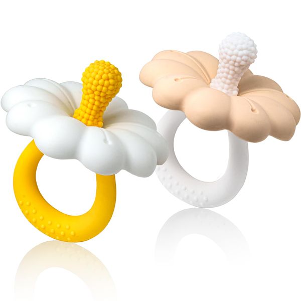 2 Packs Baby Teething Toys for 0-6 6-12 Month, 100% Food Grade Silicone Teether Ring, Flower Baby Chew Toy, BPA Free (Yellow & Caramel)