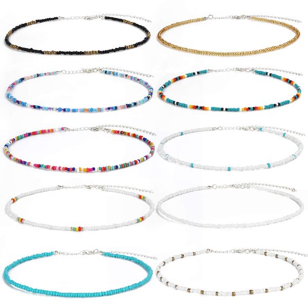 SCIONE Beaded Necklace 10 Pieces Tiny Seed Beaded Necklace Bohemian Hawaiian White Rainbow Adjustable Colorful Necklaces for Women Girls