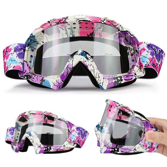 E-Soul Motorrad Goggle Motocross Wind Staubschutz Fliegerbrille Snowboardbrille Schneebrille Skibrille Wintersport Brille Für Damen Und Herren Jungen Und Mädchen (White-Blue-Purple Transparent)