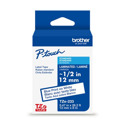 Brother Genuine P-Touch TZe Blue Print on White Label Tape (TZe233), Laminated,1/2in x 26.2ft (12mm x 8m), for Select P-Touch Label Makers, Durable, Water-Resistant, Indoor/Outdoor Use