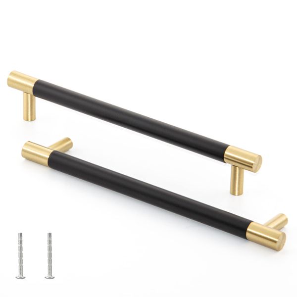 Cabinet Handles Gold Drawer Pulls with Black Planting,Cabinet Pulls for Kitchen Cabinet Dresser Knobs Black Cabinet Drawer Pulls,Gold Drawer Pulls Dressers for Bedroom,7.5 inch-5 Pack (192 mm)