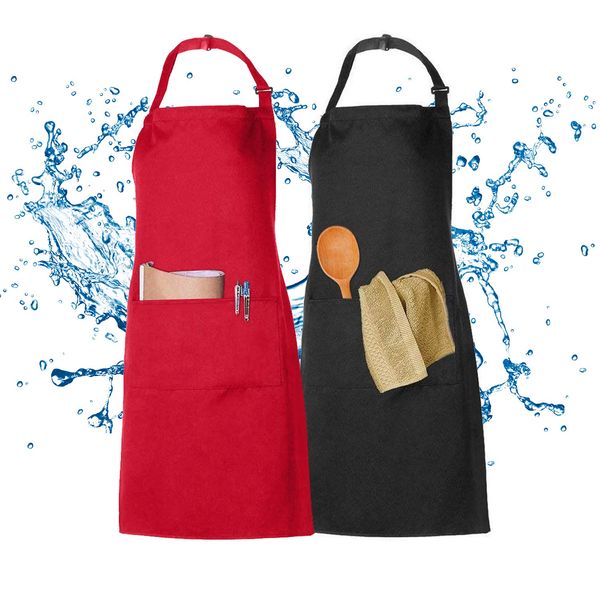 XCOZU 2 Pack Cooking Chef Kitchen Apron for Men Women Waterproof, Adjustable Red Apron and Black Apron with Pockets,Adults Cotton Polyester Professional Apron Catering Barista Butchers Long Apron