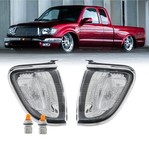 USR DEPO 01-04 Tacoma Corner Lights - Chrome Trim Turn Signal Lamps Set Compatible with 2001-2004 Toyota Tacoma Pickup Truck All Models Including PreRunner and TRD (Clear Lens w/2 Amber Bulbs/Socket)