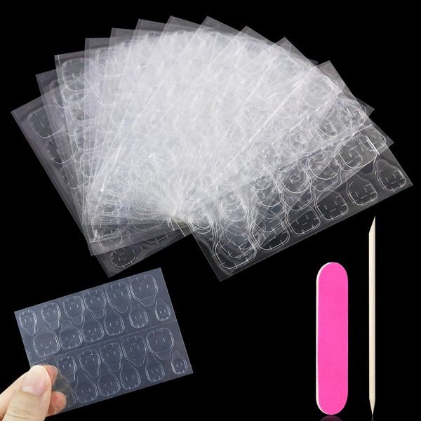 Qufiiry False Nails Stickers, 11 Sheets/264 PCS Double-Side Glue Nail Sticker, Transparent False Nail Stickers, Waterproof Adhesive False Nail Glue Stickers for Press on Nail Art Decoration