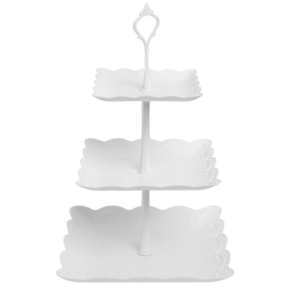 3 Tiers Cake Display Stand, White Afternoon Tea Stands, Plastic Square Cup Cake Fruit Dessert Party Server Plates Stands, Reusable Food Serving Platter Stand for Birthday, Wedding, Party