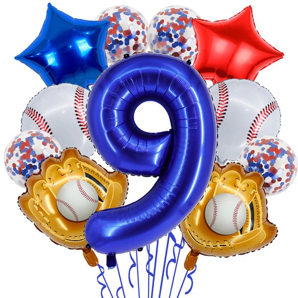 Baseball Birthday Party Balloons, 32 Inch Navy Blue Foil Number 9 Balloon, Baseball Glove Foil Balloon, Red Blue Star Confetti Balloon for 9th Birthday Sports Theme Party Supplies