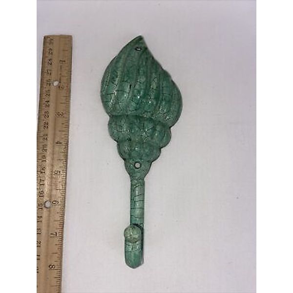 Enameled Cast Iron Robe Hook Green Sea Shell Shape 8”