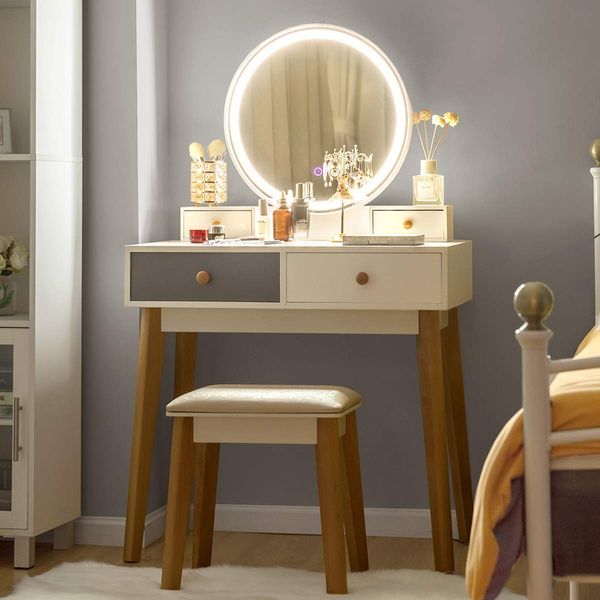 CHARMAID Vanity Set with Lighted Mirror, 3 Color Touch Screen Dimming Mirror, Adjustable Brightness, Bedroom Makeup Dressing Table with 4 Drawers and Cushioned Stool for Girls Women (White & Gray)