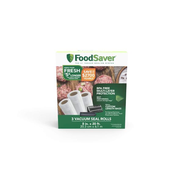 FoodSaver Vacuum Sealer Bags, Rolls for Custom Fit Airtight Food Storage and Sous Vide, 8" x 20' (Pack of 3)