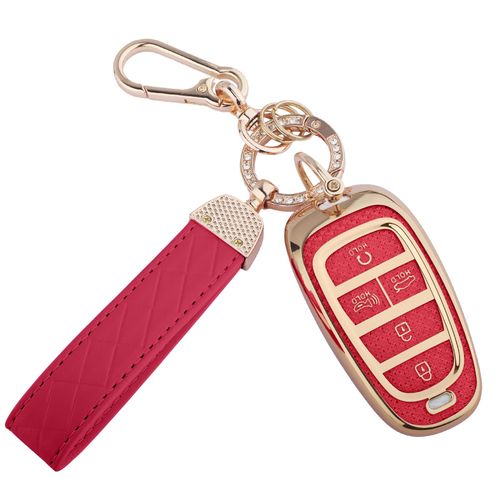 Seedwee for Hyundai 5 Buttons key fob cover, Soft TPU Keys Protector Bling Key Fob Keychain for 2023 2022 2021 2020 Sonata Santa fe Tucson, Gold Red