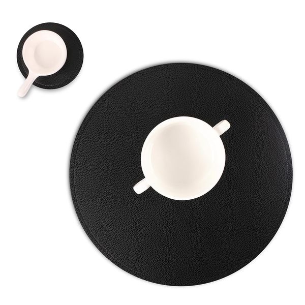 Set of 6 Faux Leather Round Placemats and Coasters, Coffee Mats Kitchen Table Mats, Waterproof, Easy to Clean for Kitchen Dining Round Table