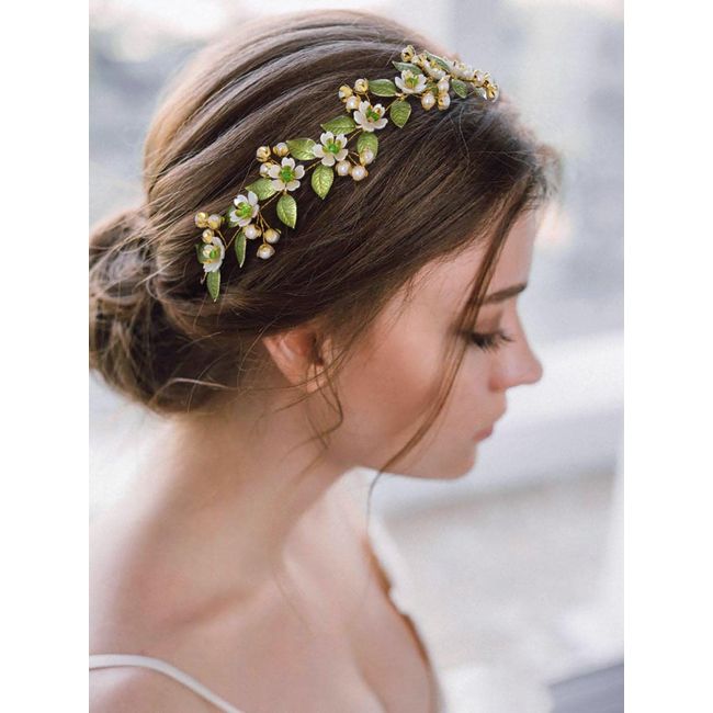 IYOU Bridal Wedding Hair Vines Green Flower Headband Leaf PearL Headpiece Bride Bridesmaid Hair Accessories for Women and Girls