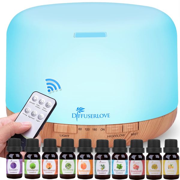 Diffuserlove Diffuser Essential Oil Diffusers 500ML Remote Control Aroma Diffuser Cool Mist Aromatherapy Diffuser with Mute Design, Timer and Auto Shut-Off for Office Living Room Yellow