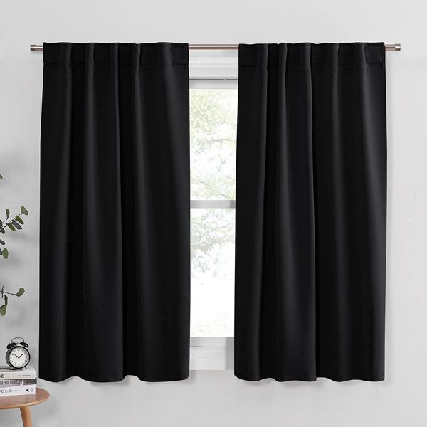 PONY DANCE Short Blackout Curtains - Thermal Insulated Window Curtain Panels - Room Darkening Back Tab/Rod Pocket Draperies for Bedroom/Kitchen, 42 Wide by 45 Inches Long, Black, 2 Panels