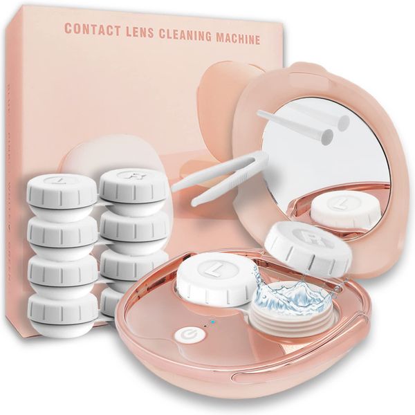 Contact Lens Cleaner, Portable Ultrasonic Contact Lens Cleaning Machine with USB Charger and Solution Soak Case Kit for Soft Lens, Colored Contact Lens, Hard Lens, RGP Lens and OK Lens (Pink)