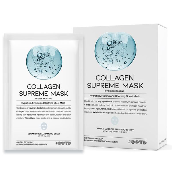 #OOTD Collagen Hydrating Sheet Masks for Face Korean Anti Aging Mask Sheet for Dry Skin & Sensitive Skin, EVE Vegan, Not Tested on Animals, No Parabens, No Sulfates, Hyaluronic Acid, Witch Hazel 10EA