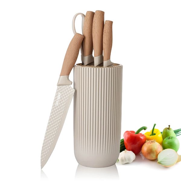 Kitchen Knife Set, Retrosohoo 6-Pieces Khaki Sharp Knife Set for Kitchen, Non-stick Non-slip Stainless Steel Chef Knife Set with Universal Knife Block Suitable for Home Restaurant (Khaki)