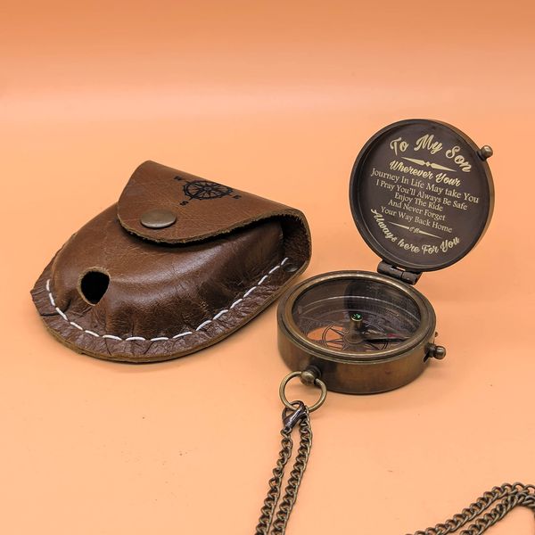 Brass Compass with Leather Case Mom to Son Compass, to My Son Love Mom and Dad, Engraving Compass Mother and Father Gift, Graduation Day Gifts for Son