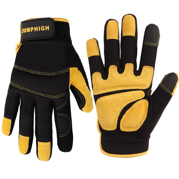 JUMPHIGH Safety Work Gloves, Men's Utility Mechanic Working Gloves for All Purpose, Touchscreen Compatible, Flexible Breathable Fit, Padded Knuckles & Palm (Yellow/M)